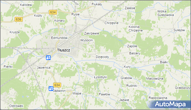 mapa Dzięcioły gmina Tłuszcz, Dzięcioły gmina Tłuszcz na mapie Targeo