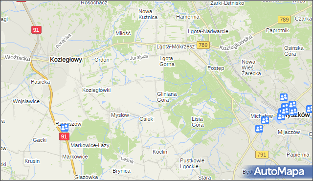 mapa Gliniana Góra gmina Koziegłowy, Gliniana Góra gmina Koziegłowy na mapie Targeo