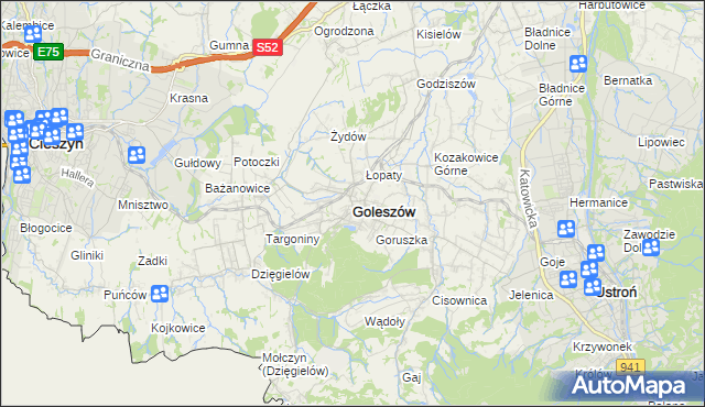 mapa Goleszów powiat cieszyński, Goleszów powiat cieszyński na mapie Targeo