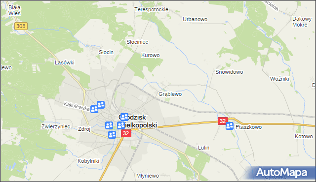 mapa Grąblewo gmina Grodzisk Wielkopolski, Grąblewo gmina Grodzisk Wielkopolski na mapie Targeo