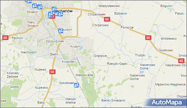 mapa Grędzice gmina Ciechanów, Grędzice gmina Ciechanów na mapie Targeo