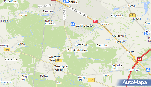 mapa Grodzisko gmina Wręczyca Wielka, Grodzisko gmina Wręczyca Wielka na mapie Targeo