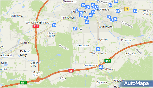 mapa Hermanów gmina Pabianice, Hermanów gmina Pabianice na mapie Targeo