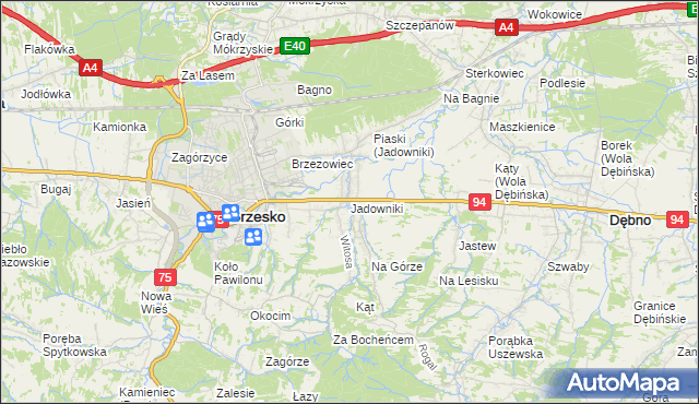 mapa Jadowniki gmina Brzesko, Jadowniki gmina Brzesko na mapie Targeo