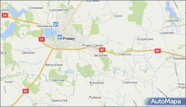 mapa Jakubowo gmina Pniewy, Jakubowo gmina Pniewy na mapie Targeo