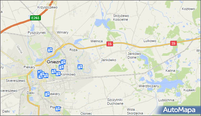 mapa Jankówko gmina Gniezno, Jankówko gmina Gniezno na mapie Targeo