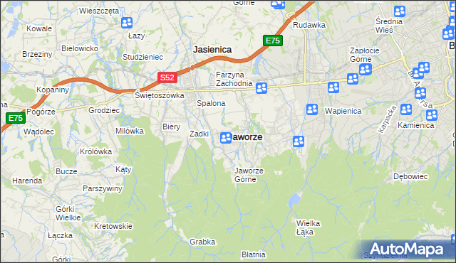 mapa Jaworze powiat bielski, Jaworze powiat bielski na mapie Targeo