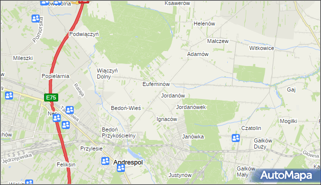 mapa Jordanów gmina Brzeziny, Jordanów gmina Brzeziny na mapie Targeo