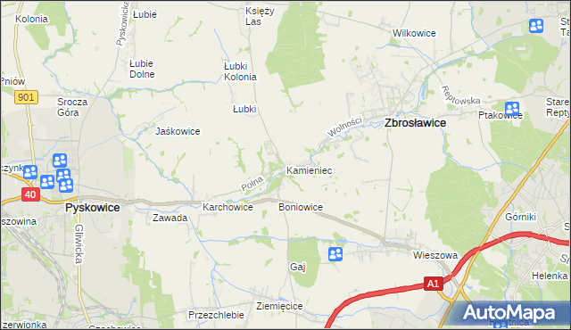 mapa Kamieniec gmina Zbrosławice, Kamieniec gmina Zbrosławice na mapie Targeo