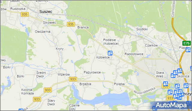 mapa Kobielice gmina Suszec, Kobielice gmina Suszec na mapie Targeo