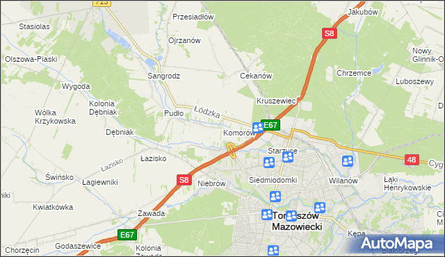 mapa Komorów gmina Tomaszów Mazowiecki, Komorów gmina Tomaszów Mazowiecki na mapie Targeo