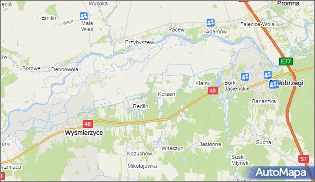 mapa Korzeń gmina Wyśmierzyce, Korzeń gmina Wyśmierzyce na mapie Targeo
