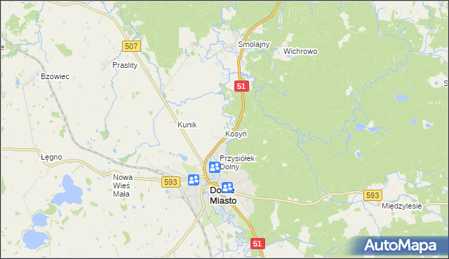 mapa Kosyń gmina Dobre Miasto, Kosyń gmina Dobre Miasto na mapie Targeo