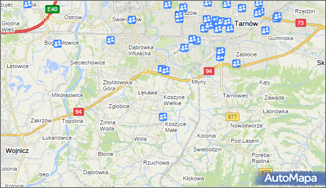 mapa Koszyce Wielkie, Koszyce Wielkie na mapie Targeo