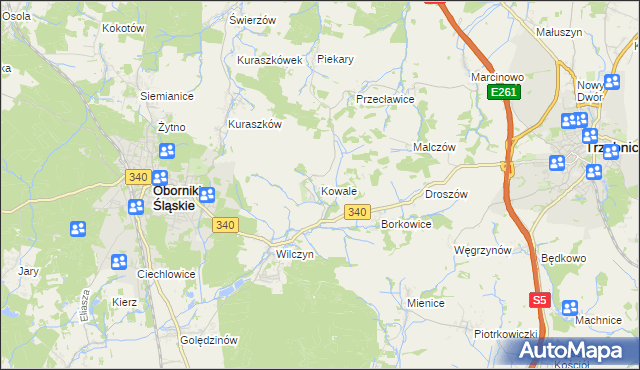 mapa Kowale gmina Oborniki Śląskie, Kowale gmina Oborniki Śląskie na mapie Targeo