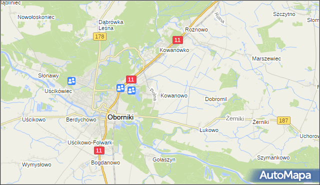 mapa Kowanowo gmina Oborniki, Kowanowo gmina Oborniki na mapie Targeo