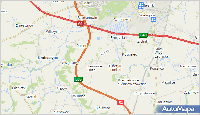 mapa Kozice gmina Krotoszyce, Kozice gmina Krotoszyce na mapie Targeo