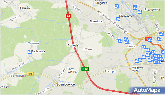 mapa Kozłów gmina Sośnicowice, Kozłów gmina Sośnicowice na mapie Targeo