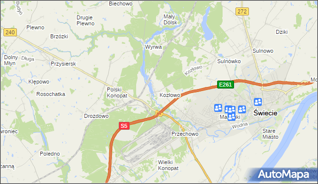 mapa Kozłowo gmina Świecie, Kozłowo gmina Świecie na mapie Targeo