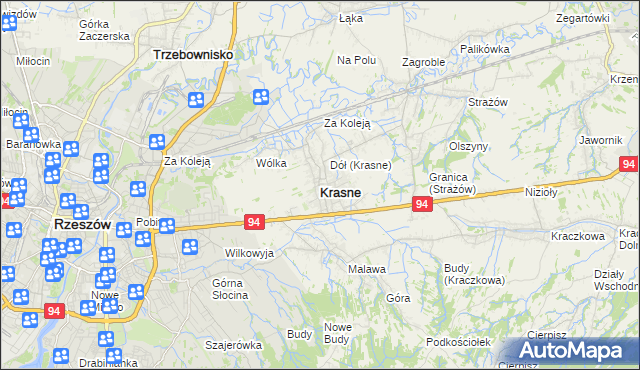 mapa Krasne powiat rzeszowski, Krasne powiat rzeszowski na mapie Targeo