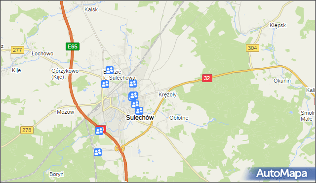 mapa Krężoły gmina Sulechów, Krężoły gmina Sulechów na mapie Targeo