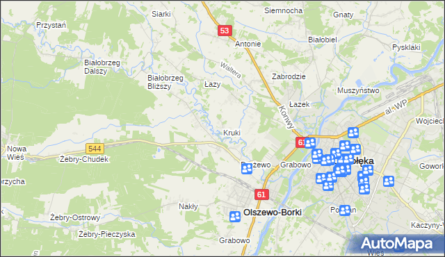 mapa Kruki gmina Olszewo-Borki, Kruki gmina Olszewo-Borki na mapie Targeo