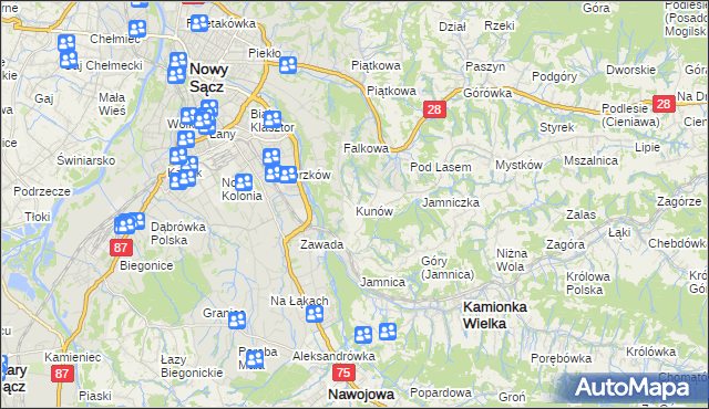 mapa Kunów gmina Chełmiec, Kunów gmina Chełmiec na mapie Targeo