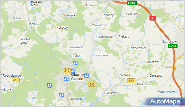 mapa Kuraszków gmina Oborniki Śląskie, Kuraszków gmina Oborniki Śląskie na mapie Targeo