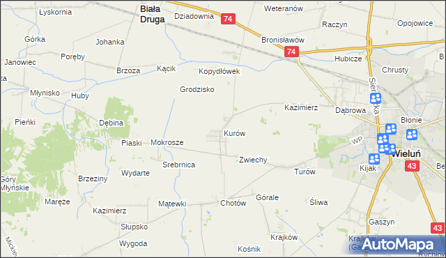 mapa Kurów gmina Wieluń, Kurów gmina Wieluń na mapie Targeo