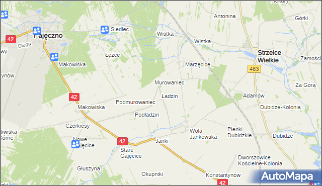 mapa Ładzin gmina Pajęczno, Ładzin gmina Pajęczno na mapie Targeo