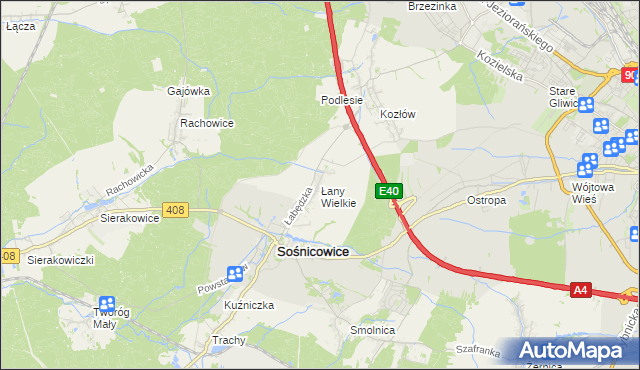 mapa Łany Wielkie gmina Sośnicowice, Łany Wielkie gmina Sośnicowice na mapie Targeo