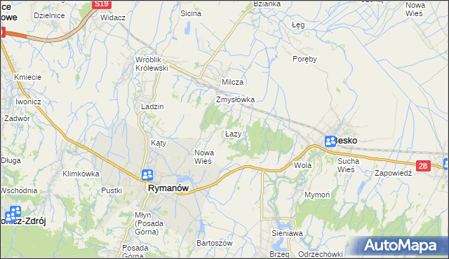mapa Łazy gmina Rymanów, Łazy gmina Rymanów na mapie Targeo