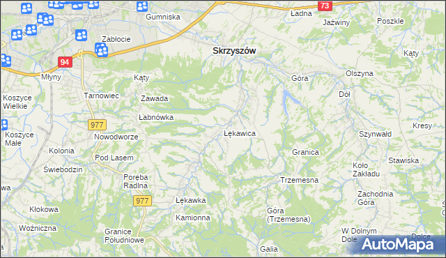 mapa Łękawica gmina Skrzyszów, Łękawica gmina Skrzyszów na mapie Targeo