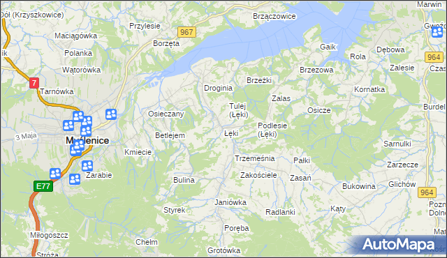 mapa Łęki gmina Myślenice, Łęki gmina Myślenice na mapie Targeo