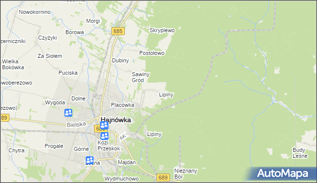 mapa Lipiny gmina Hajnówka, Lipiny gmina Hajnówka na mapie Targeo