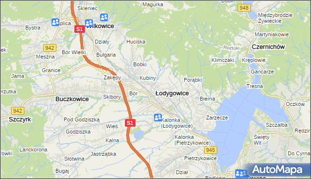 mapa Łodygowice powiat żywiecki, Łodygowice powiat żywiecki na mapie Targeo