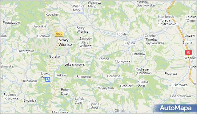 mapa Łomna gmina Nowy Wiśnicz, Łomna gmina Nowy Wiśnicz na mapie Targeo