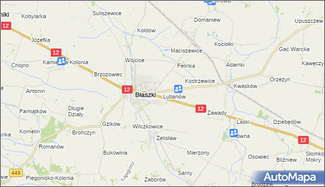 mapa Lubanów gmina Błaszki, Lubanów gmina Błaszki na mapie Targeo