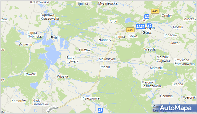 mapa Mąkoszyce gmina Kobyla Góra, Mąkoszyce gmina Kobyla Góra na mapie Targeo