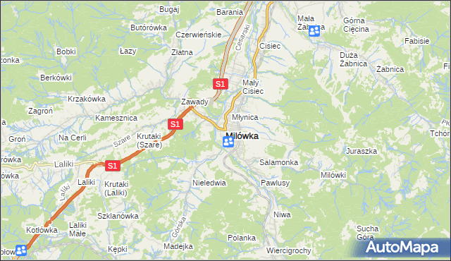 mapa Milówka powiat żywiecki, Milówka powiat żywiecki na mapie Targeo