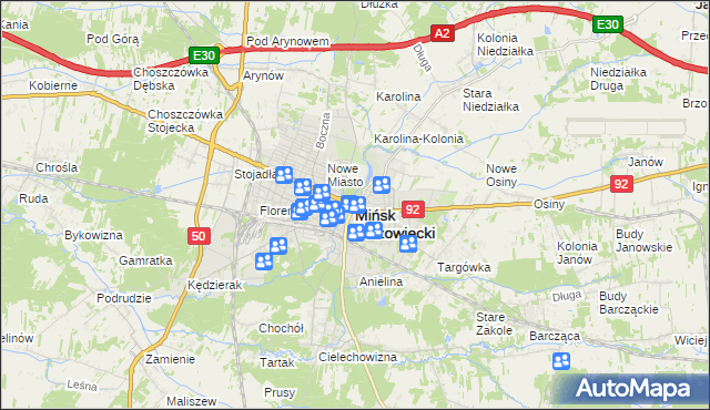 mapa Mińsk Mazowiecki, Mińsk Mazowiecki na mapie Targeo