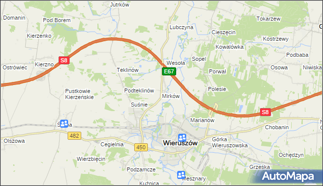 mapa Mirków gmina Wieruszów, Mirków gmina Wieruszów na mapie Targeo
