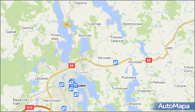 mapa Młynowo gmina Mrągowo, Młynowo gmina Mrągowo na mapie Targeo