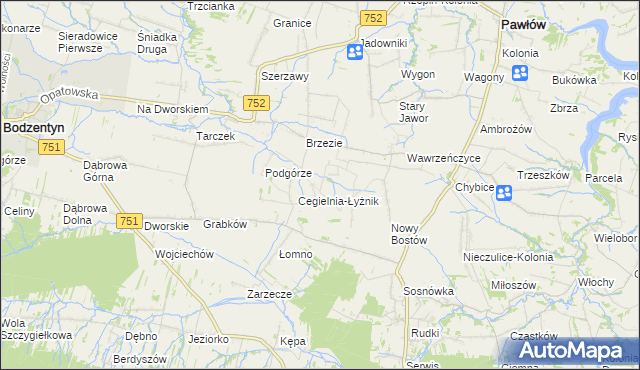 mapa Modrzewie gmina Pawłów, Modrzewie gmina Pawłów na mapie Targeo