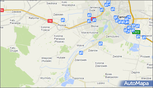 mapa Mokre gmina Zamość, Mokre gmina Zamość na mapie Targeo