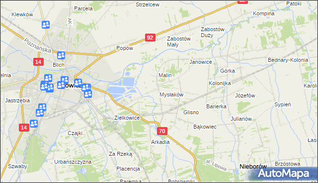 mapa Mysłaków gmina Nieborów, Mysłaków gmina Nieborów na mapie Targeo