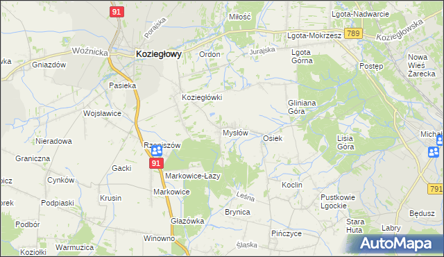 mapa Mysłów gmina Koziegłowy, Mysłów gmina Koziegłowy na mapie Targeo