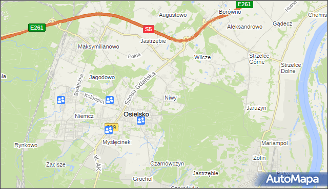 mapa Niwy gmina Osielsko, Niwy gmina Osielsko na mapie Targeo
