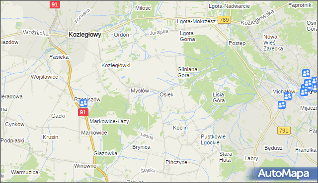 mapa Osiek gmina Koziegłowy, Osiek gmina Koziegłowy na mapie Targeo