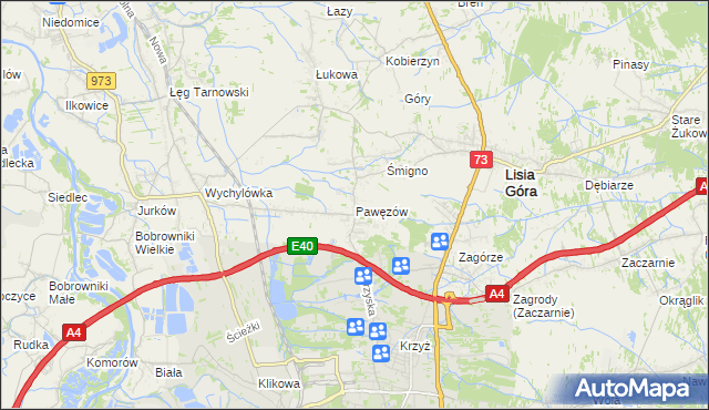 mapa Pawęzów gmina Lisia Góra, Pawęzów gmina Lisia Góra na mapie Targeo